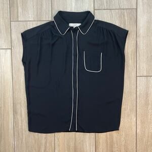 LOFT Black Short Sleeve Blouse Womens Small White Piping Button Front Top